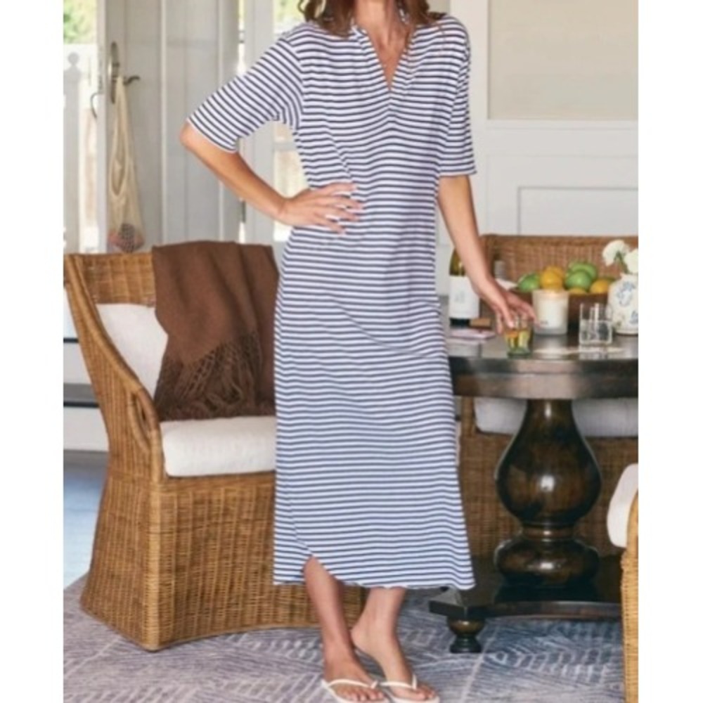 NWOT FRANK & EILEEN Navy Stripe EMMA Popover Henley Jersey Maxi Dress SMALL flaw
